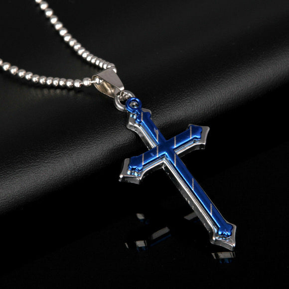 Blue Striped Cross Necklace