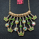 Green Crowns N' Rhinestones Layered Row Necklace