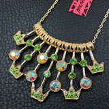 Green Crowns N' Rhinestones Layered Row Necklace