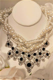Elegant Chunky Multi Strand Pearl + Black Rhinestone 2 PC Jewelry Set