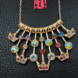 Colorful Crowns N' Rhinestones Layered Row Necklace