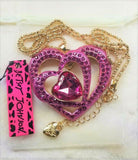 Magenta Crystal Rhinestone Triple Heart Necklace