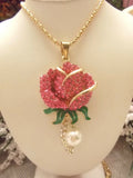 Pink Rhinestone Rose with Pearl Necklace