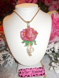 Pink Rhinestone Rose with Pearl Necklace