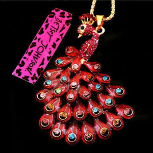 Colorful Red Rhinestone Peacock Necklace