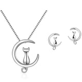 Silver Cat Moon 2PC Necklace + Earrings Jewelry SET