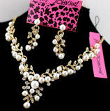 Elegant Rhinestone Pearl Leaves Necklace + Earrings Set