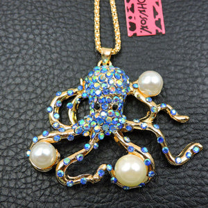 Rhinestone Octopus with Pearls Necklace-Blue