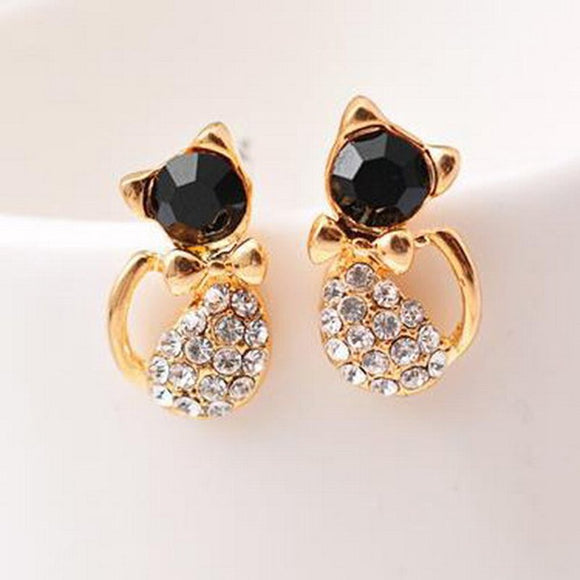 Gold Kitty Earrings with Black and Clear Rhinestones-pic