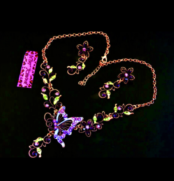 Flower Vines Butterfly 2PC Necklace + Earrings Set (Purple)