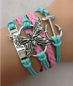 Pink + Blue Multi-Strand Butterfly/Anchor Charm Bracelet
