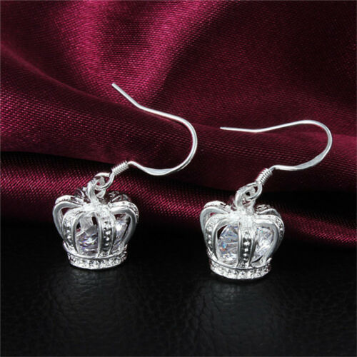Silver 3-D Crown Dangle Earrings