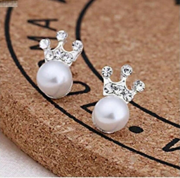 Silver Crown Pearl Stud Earrings