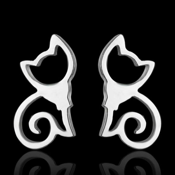 Silver Kitty Silhouette Stud Earrings