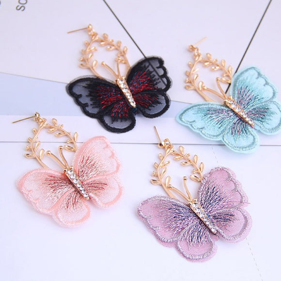 Embroidered Rhinestone Butterfly Earrings (3 Colors Available)