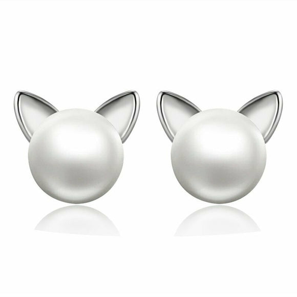 Silver Kitty Ears Pearl Stud Earrings