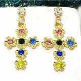 Colorful Rhinestone Gold Cross Earrings