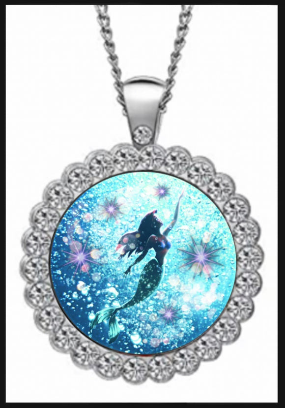 Ariel Swimming Mermaid Rhinestone Cabochon Necklace