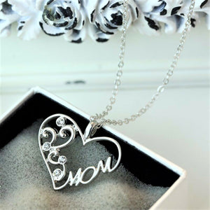Silver Crystal Accented "MOM" Heart Necklace