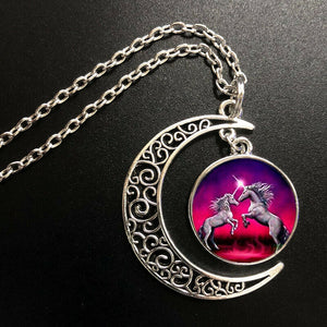 "Unicorn Duel" Moon Dangle Cabochon Necklace