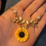 Sunflower with Gold Leaves and Pearls Necklace