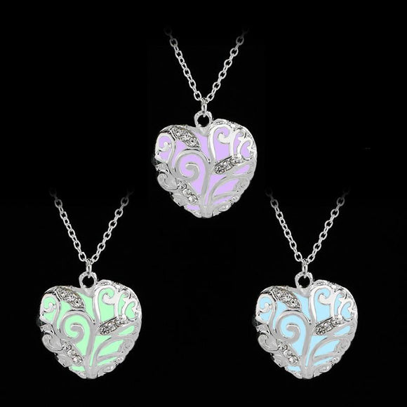 Luminous Silver 3-D Heart Glow Necklaces (3 Colors Available)