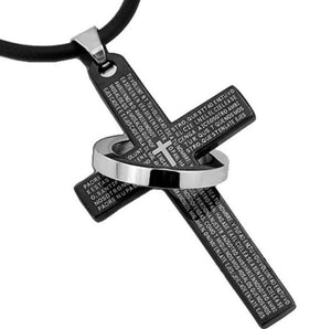Black Stainless Religious Worded Ring Cross Necklace
