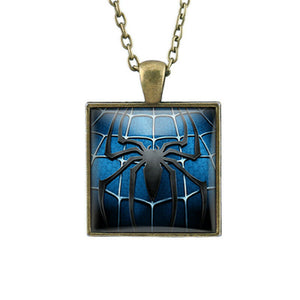 Square Bronze Blue Spiderman Symbol Cabochon Necklace