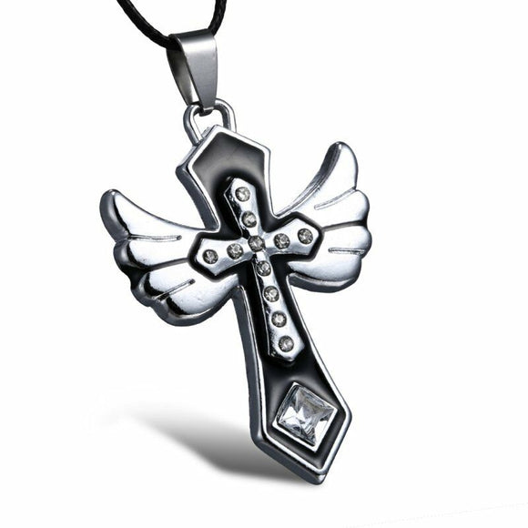 Black + Silver Cross Wings Necklace