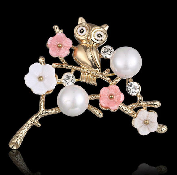 Gold Owl in Cherry Blossom Tree 2-Way Pendant Necklace