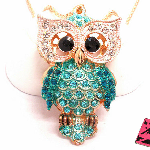Large Colorful Rhinestone Owl Necklace (3 Colors Available)