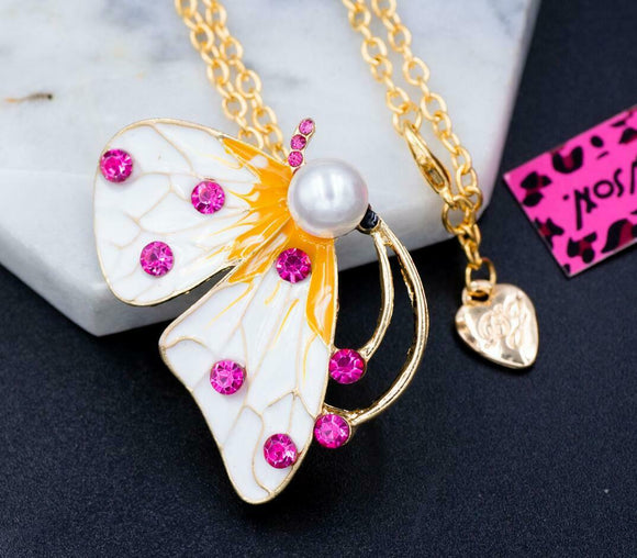 White + Pink Polka Dot Side Butterfly Necklace