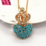 Blue Rhinestone Heart with Crown Necklace