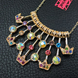Colorful Crowns N' Rhinestones Layered Row Necklace