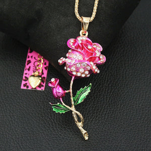 Hot Pink Double Stem Rose with Rhinestone Dew Necklace