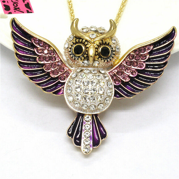 Open Wings Rhinestone Owl Necklace