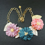 3 Multi Colorful Flowers w/ Gold Leaves Necklace