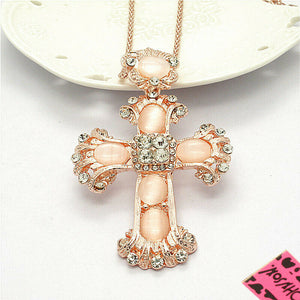 Large Peach Pearl-Finished Cross Necklace
