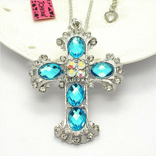 Large Silver + Teal Gems Cross Necklace