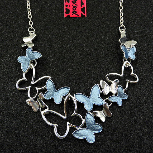 Silver Blue Butterfly Bunches Necklace
