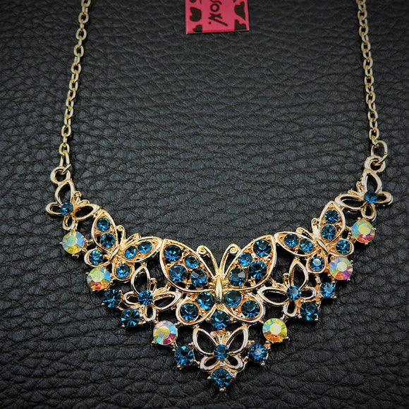 Elegant Blue Butterfly + Rhinestone Cluster Drop Necklace