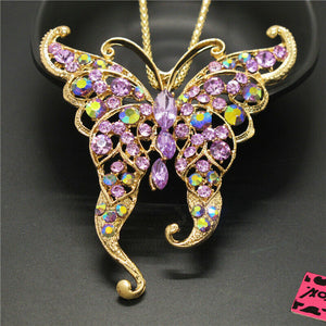 Large Purple and Green Curved Wings Butterfly Necklace