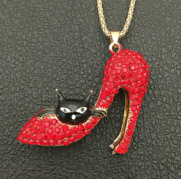 Black Kitty in Crystal Red High Heel Necklace