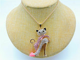 Rhinestone Kitty In High Heel Dangle Necklace( 2 Colors Available)