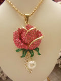 Pink Rhinestone Rose with Pearl Necklace
