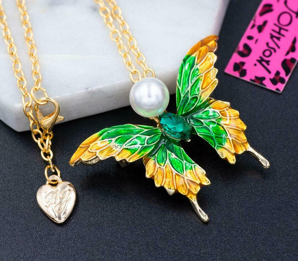 2-Way Yellow+ Green Pearl Butterfly Necklace
