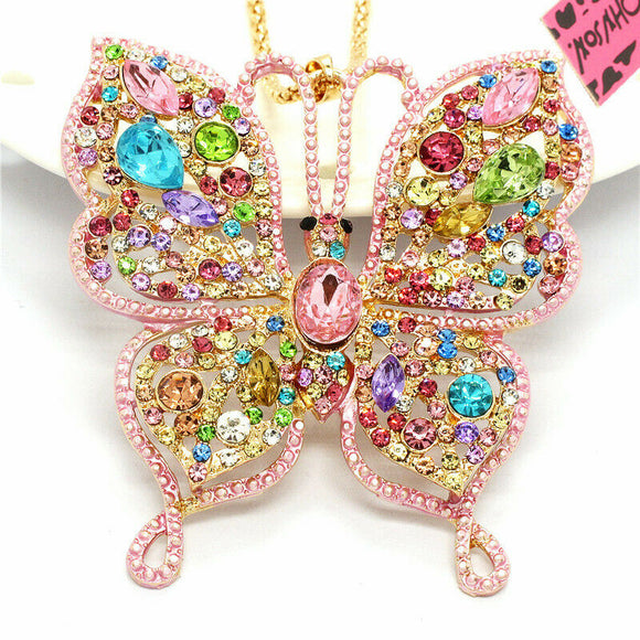 Pink Crystal Rhinestone 2-Way Butterfly Necklace