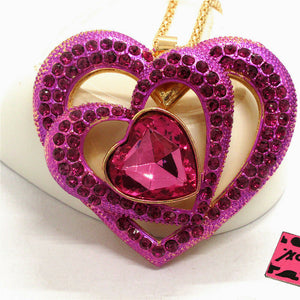 Magenta Crystal Rhinestone Triple Heart Necklace