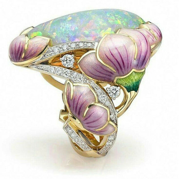 Large Opal 18k Gold Filled Flower Ring