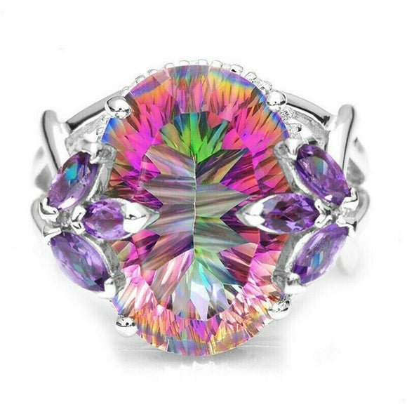 Mystic Topaz Center Stone + Purple Flower Side Gems Ring